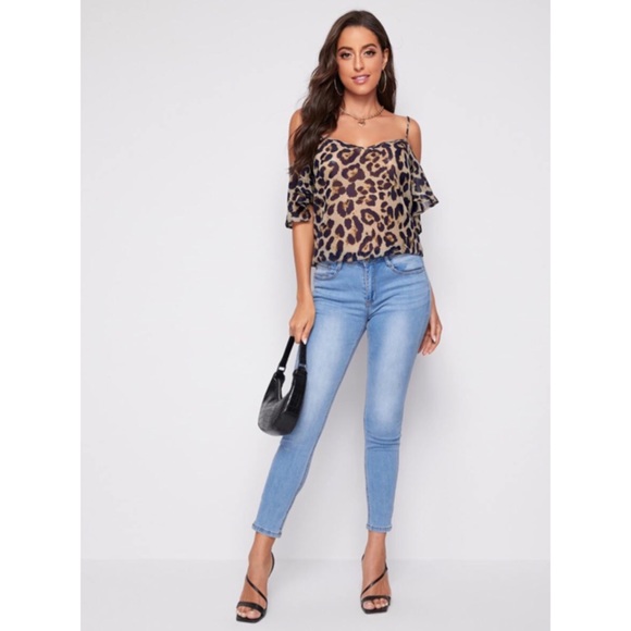 1 XL LEFT! Leopard Cold Shoulder Top Blouse Shirt - Picture 4 of 12